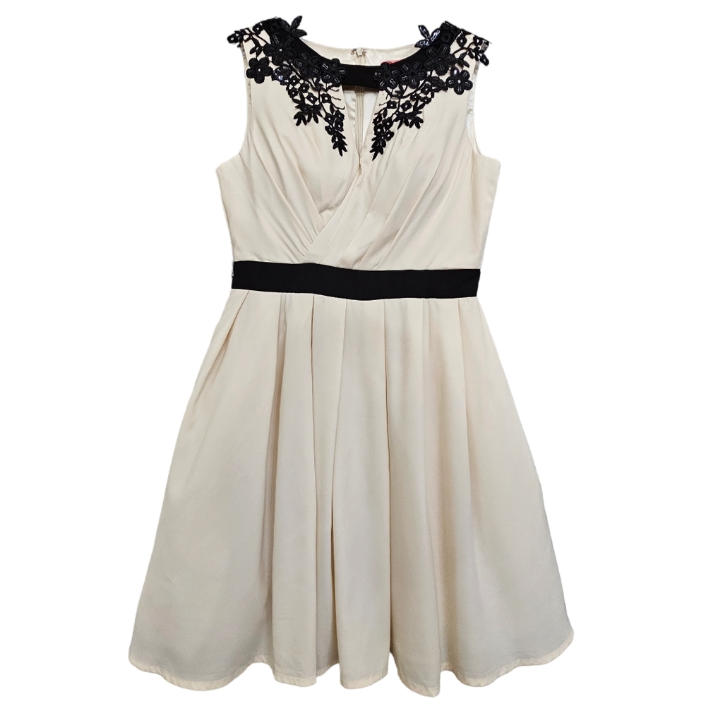 Chi Chi London Creme Black Sequined Floral Neckline Fit & Flare Sleeveless Dress